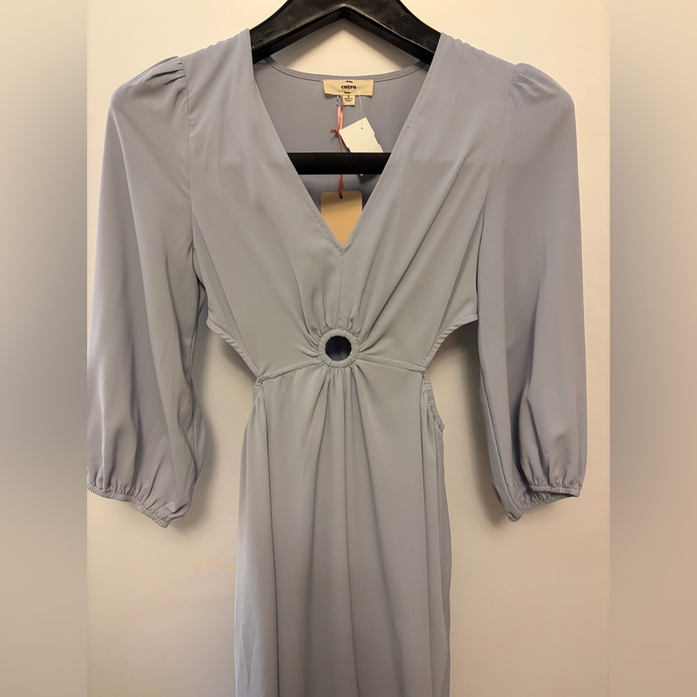 Entro Dusty Blue Full Length Long Sleeve Cut Out Dress NWT